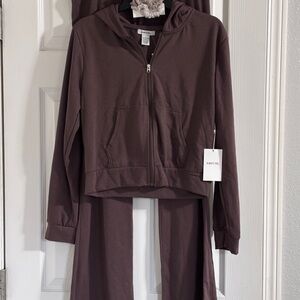 Always You Brown Zip-Up Hoodie and Pants Lounge Set w/Scruncies